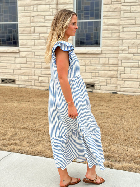 Entro Striped V Neck Midi Dress - Blue