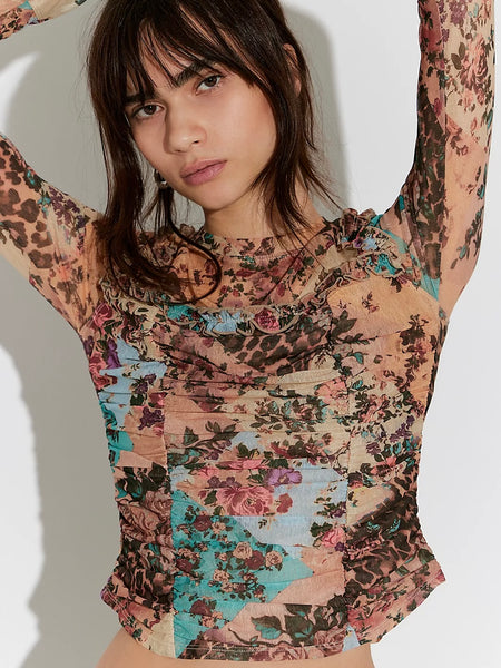 Free People Ariana Long Sleeve Ruched Top - Taupe Combo