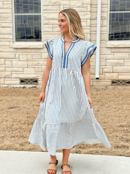 Entro Striped V Neck Midi Dress - Blue