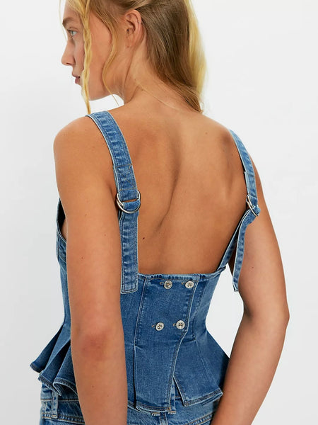 Free People Sunfaded Denim Top- Steel Blue