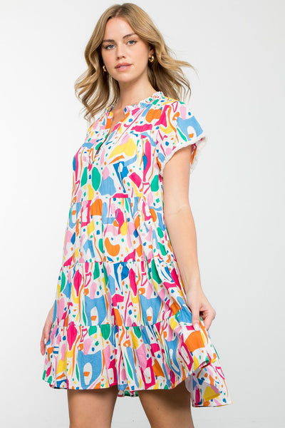 Short Sleeve Multi Color Print Dress