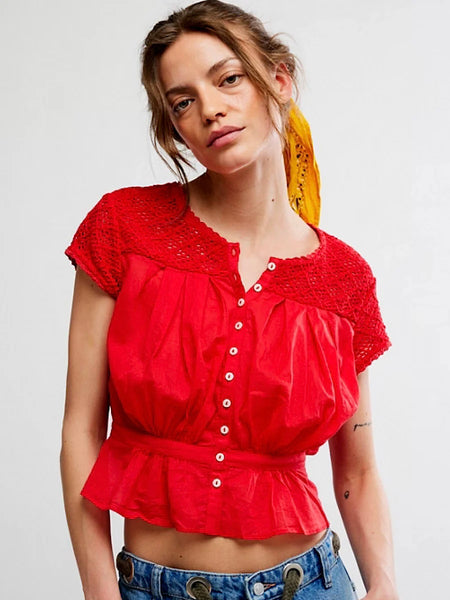 Free People Gemma Embroidered Top - High Risk Red