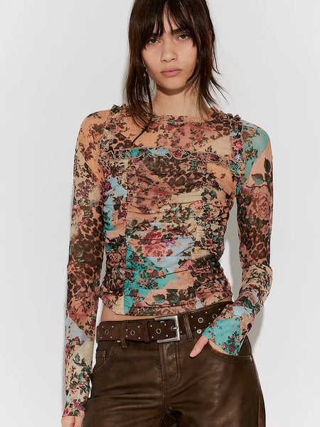 Free People Ariana Long Sleeve Ruched Top - Taupe Combo