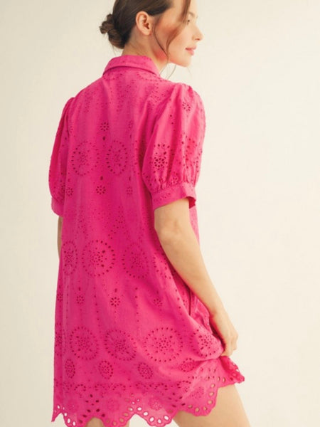 Hot Pink Scallop Hem Eyelet Dress