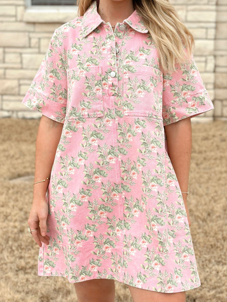 Entro Denim Floral Mini Dress - Pink