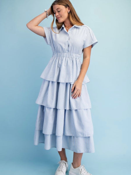 Striped Tiered Half Button Midi Dress