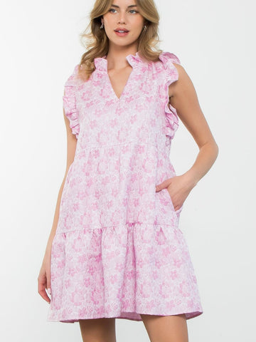 Ruffled Sleeve Textured Flower Print Dress- Pink
