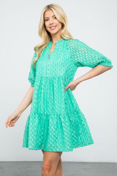 Sheer Checkered Fringe Dress- Green
