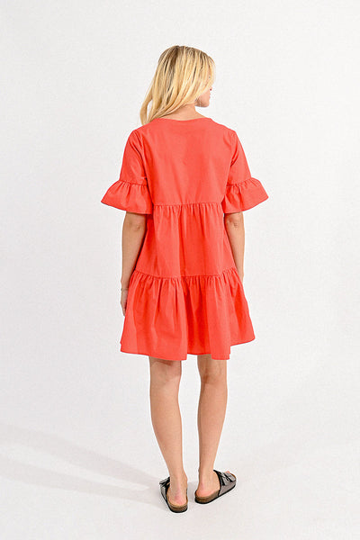 Tiered V-Neck Dress- Red Orange