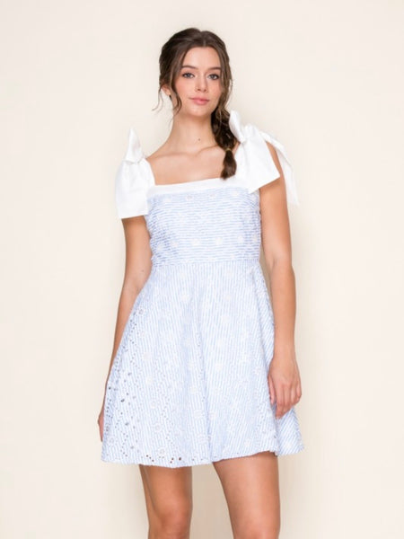 Blue Striped Shoulder Tie Mini Dress