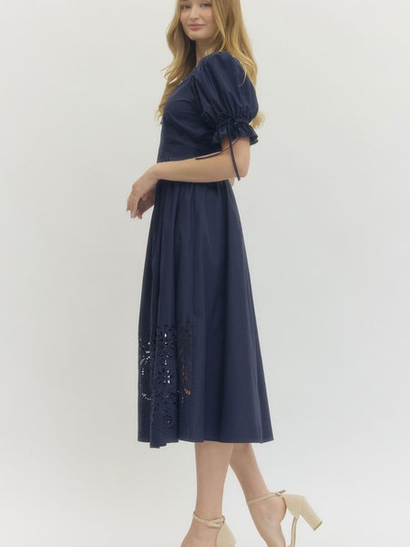 Entro Puff Sleeve Midi Dress - Navy Blue