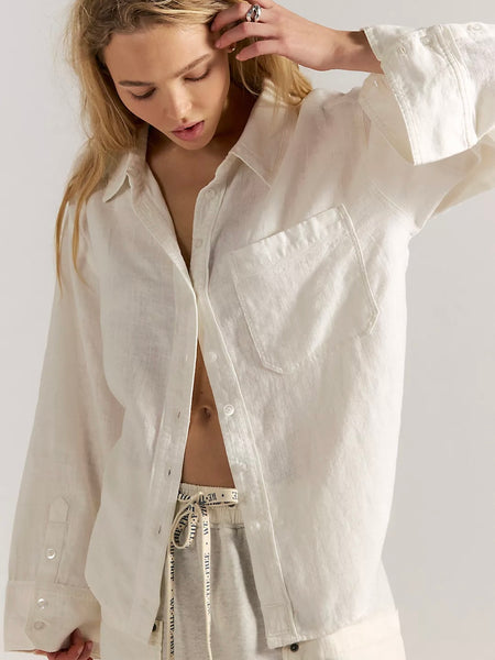 Free People Laurel Linen Button Down Top - Clean Ivory