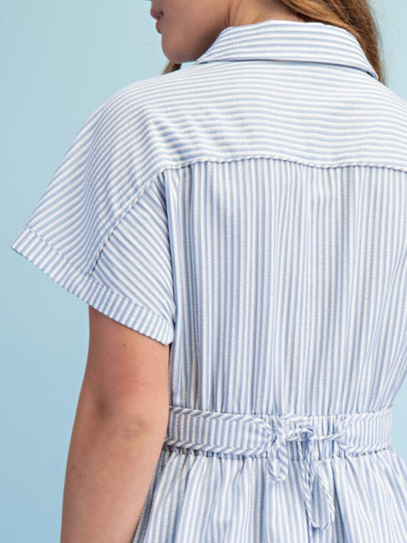 Striped Tiered Half Button Midi Dress