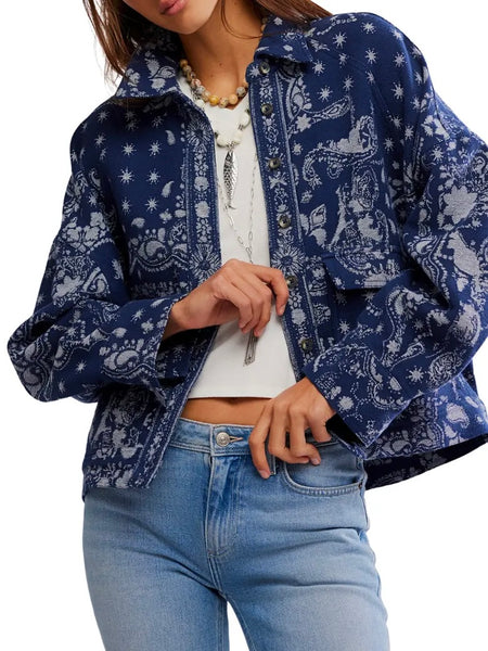 Free People Bandana Jaquard Jacket - Indigo Combo