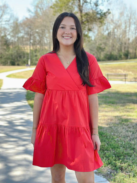 Tiered V-Neck Dress- Red Orange