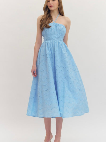 Blue Eyelet Halter Midi Dress