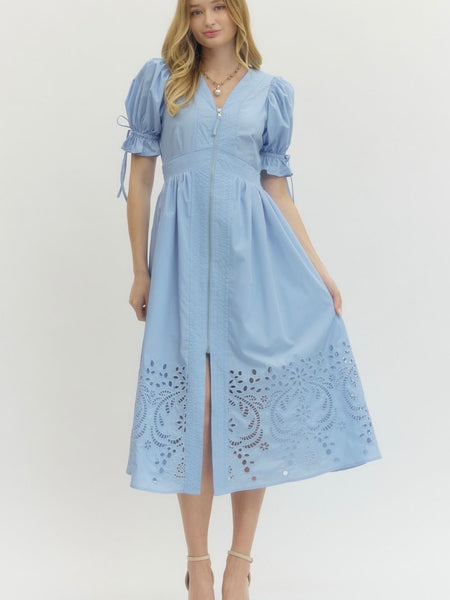 Entro Puff Sleeve Midi Dress - Light Blue