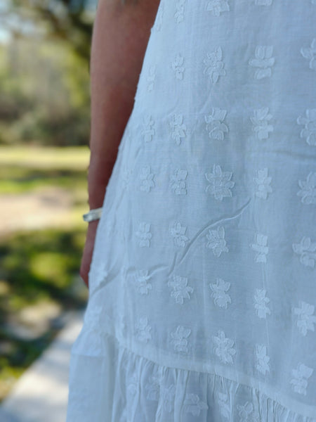 White Floral Shoulder Tie Midi Dress