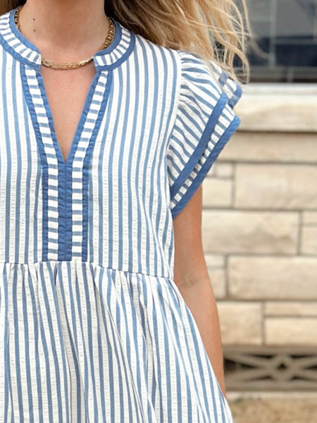 Entro Striped V Neck Midi Dress - Blue