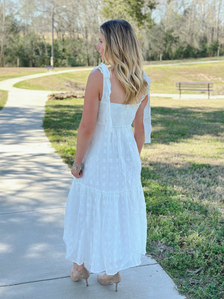 White Floral Shoulder Tie Midi Dress
