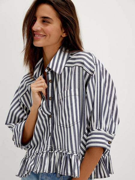 Free People Bailey Stripe Shirt - Nautical Navy Combo