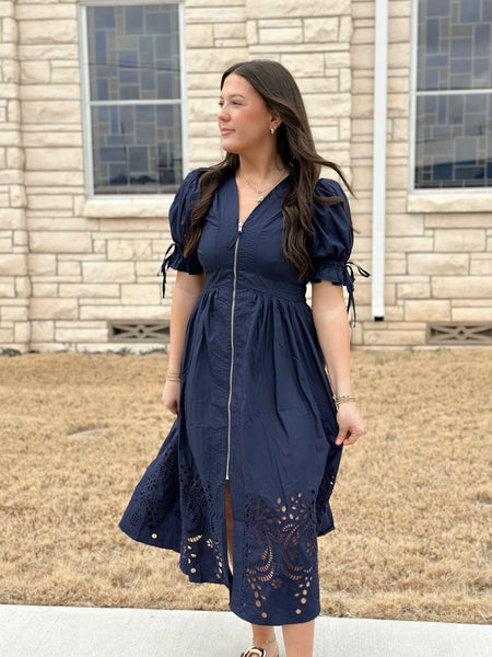 Entro Puff Sleeve Midi Dress - Navy Blue