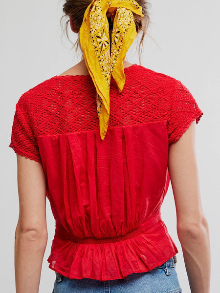 Free People Gemma Embroidered Top - High Risk Red