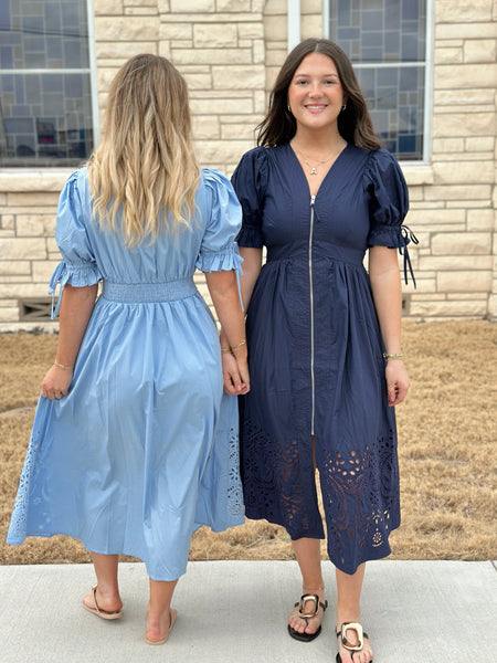 Entro Puff Sleeve Midi Dress - Light Blue
