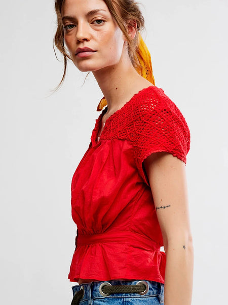 Free People Gemma Embroidered Top - High Risk Red