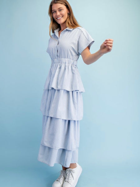 Striped Tiered Half Button Midi Dress