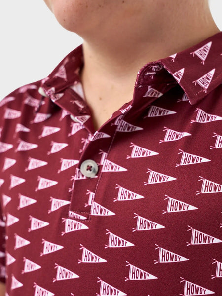 Burlebo Youth Performance Polo - Howdy Pennants - Maroon