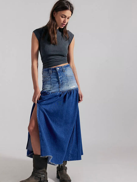 Free People Good Company Mixed Denim Maxi Skirt - Blessed