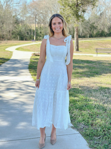 White Floral Shoulder Tie Midi Dress