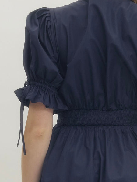 Entro Puff Sleeve Midi Dress - Navy Blue