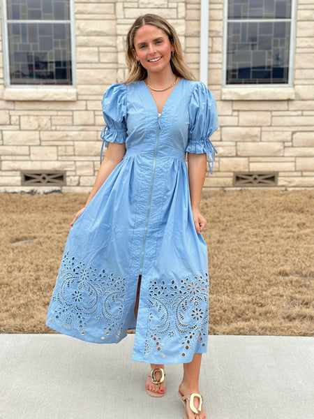 Entro Puff Sleeve Midi Dress - Light Blue