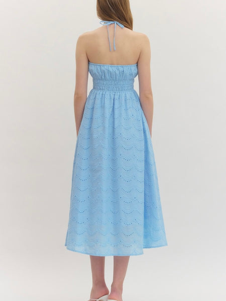 Blue Eyelet Halter Midi Dress