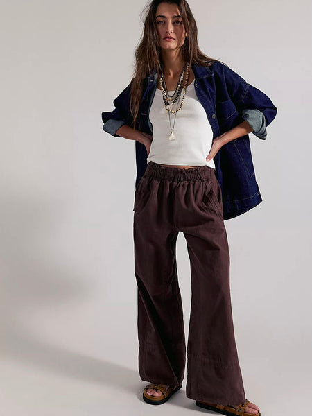 Free People Day’s End Linen Pull-On Pants - Double Espresso