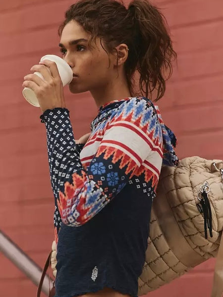 Free People Breathe Easy Printed Layer - Fairisle Navy