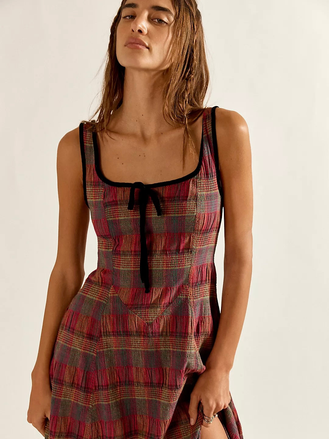 Free People Freya Plaid Midi Dress - Cherry Combo