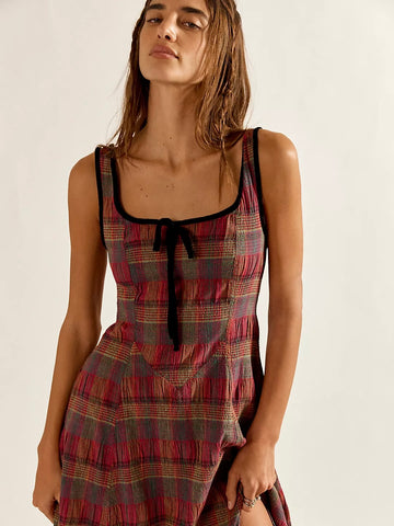 Free People Freya Plaid Midi Dress - Cherry Combo