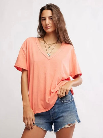 Free People Nina V-Neck Tee-Thriving Coral