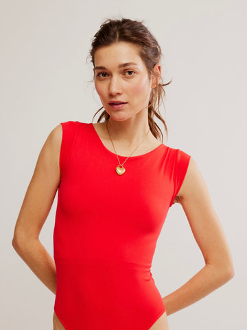 Free People Clean Lines Boatneck Bodysuit- Fiery Red