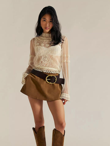 Free People Paradise Found Suede Skort - Caramel Cafe