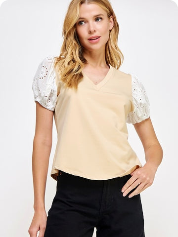 Embroidered Eyelet Lace Contrast Sleeve Top