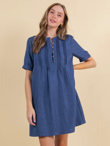 Half Button Down Pintuck Detailed Mini Dress - Midnight