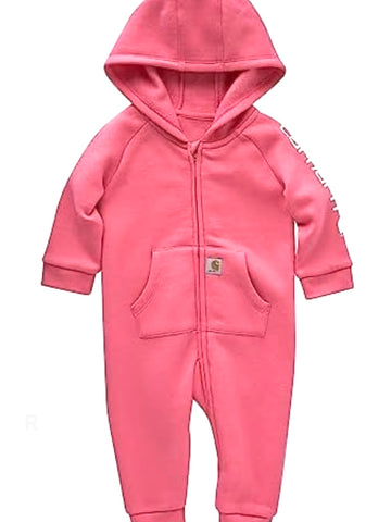 Kid's Carhartt Girls Long Sleeve Fleece Front Zip Hooded Coveralls - Pink Lemonade