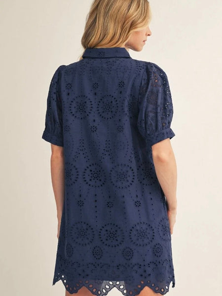 Short Sleeve Button Down Eyelet Pattern Dress- Navy