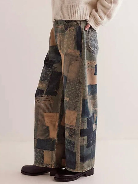 Free People Illusions Printed Relaxed Jeans - Indigo Combo