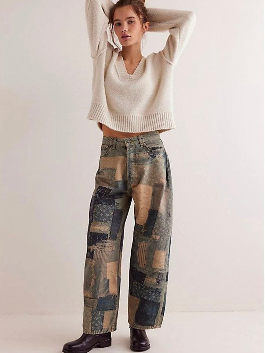Free People Illusions Printed Relaxed Jeans - Indigo Combo