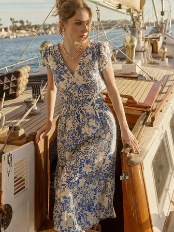 Floral Printed Bubble Hem Long Dress - Blue Mlt